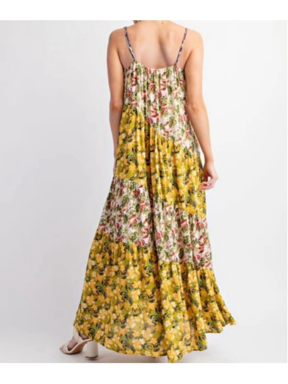 Easel Yellow Floral Print Tiered Patchwork Maxi Sundress Size L (22”-24”PTP) NWT - Picture 4 of 9